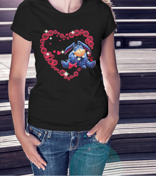 Eeyore Surrounded By Heart-Shaped Bubbles And Flowers T-Shirt