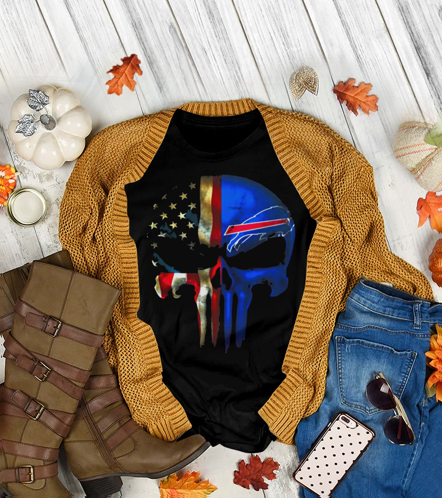 Skull Buffalo Bills American Flag Punisher NFL Logo Stars Stripes T-Shirt