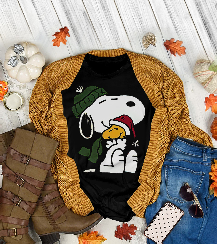 Snoopy Hugging Woodstock Winter Hat Scarf Christmas T-Shirt