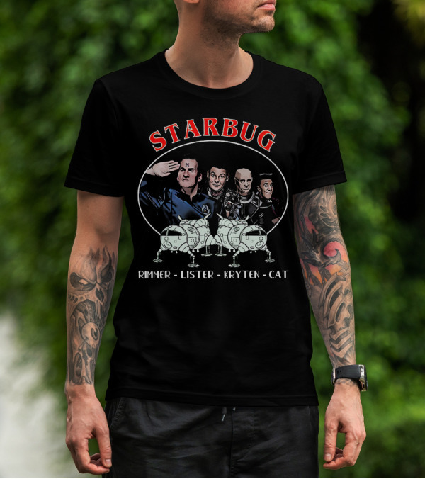 Starbug Rimmer Lister Kryten Cat Red Dwarf Crew With Spaceship T-Shirt