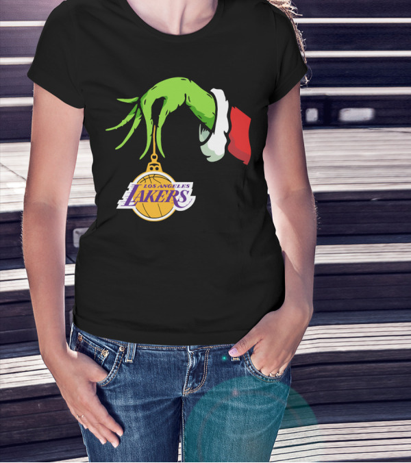 Grinch Hand With Santa Sleeve Holding Los Angeles Lakers T-Shirt