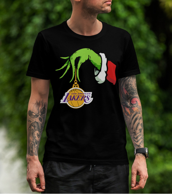 Grinch Hand With Santa Sleeve Holding Los Angeles Lakers T-Shirt