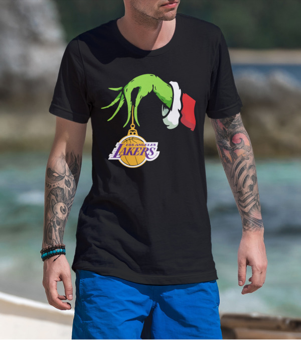 Grinch Hand With Santa Sleeve Holding Los Angeles Lakers T-Shirt