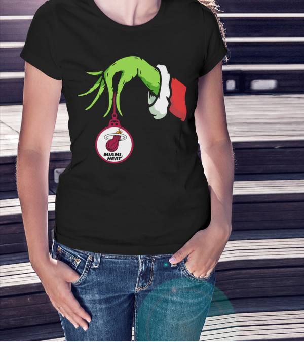 Grinch Hand With Miami Heat Ornament Holiday Sports T-Shirt