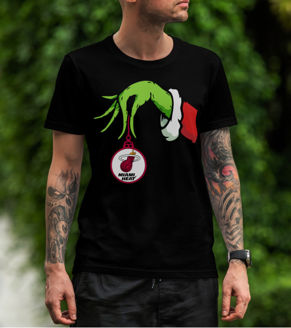 Grinch Hand With Miami Heat Ornament Holiday Sports T-Shirt