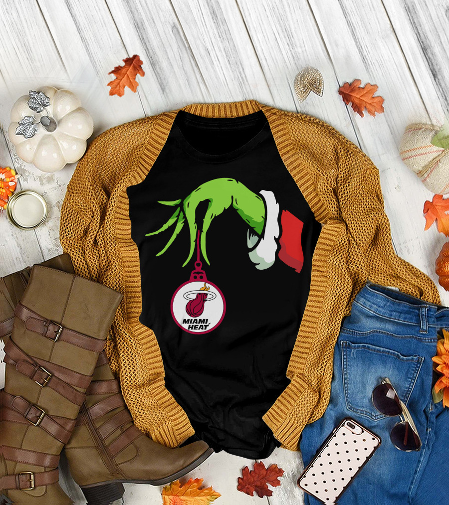 Grinch Hand with Miami Heat Ornament Holiday Sports T-Shirt