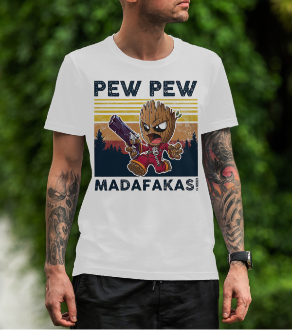 Pew Pew Madafakas Baby Groot Retro Forest Background T-Shirt
