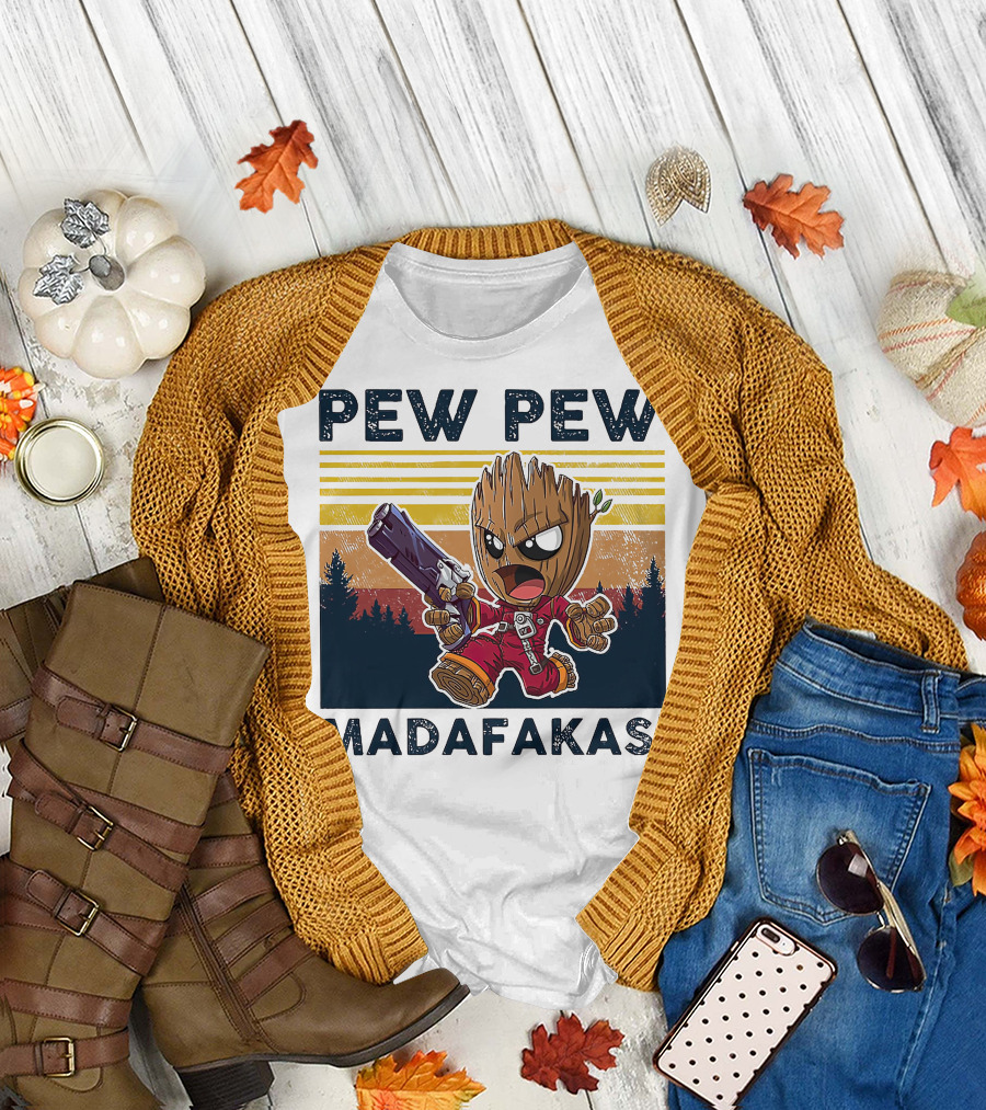 Pew Pew Madafakas Baby Groot Retro Forest Background T-Shirt