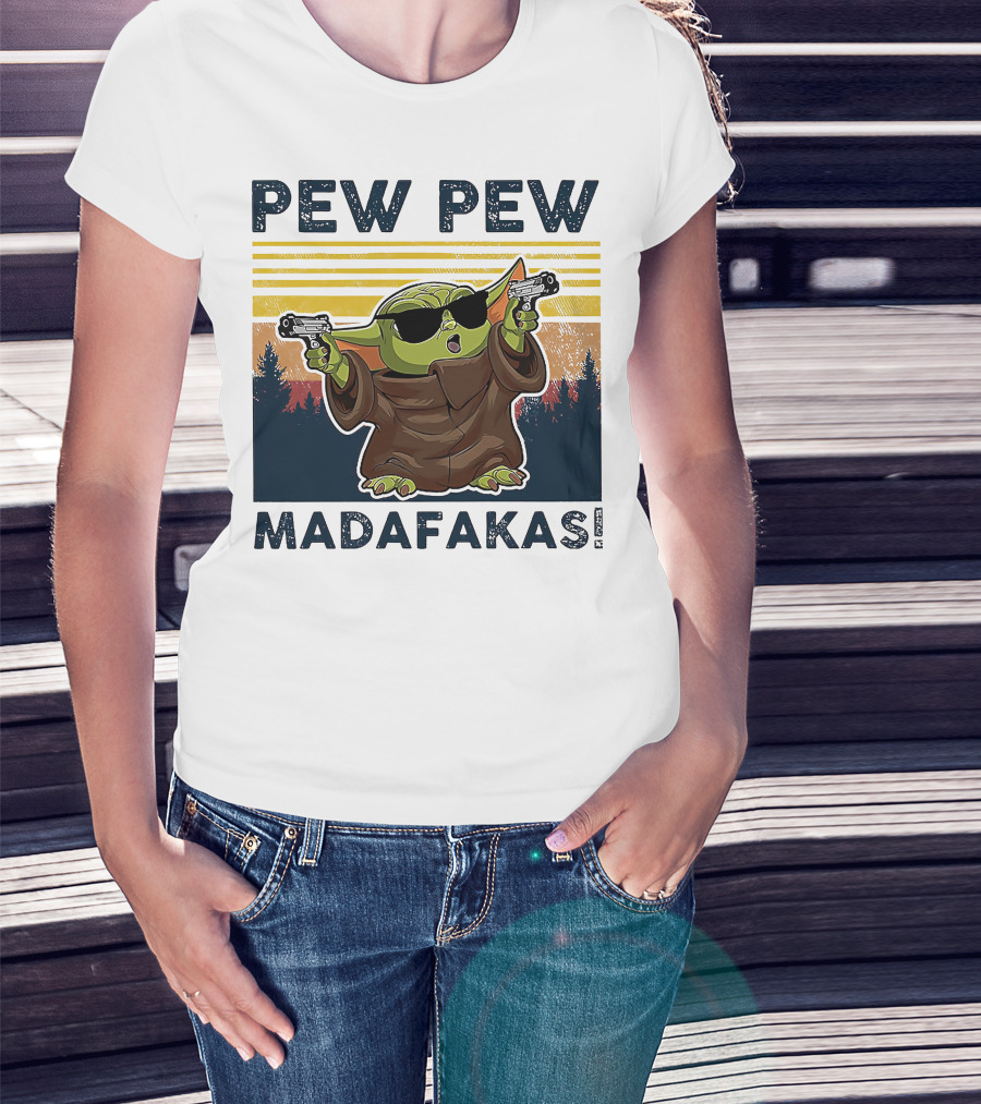 Pew Pew Madafakas Baby Yoda Retro Forest Sunset T-Shirt