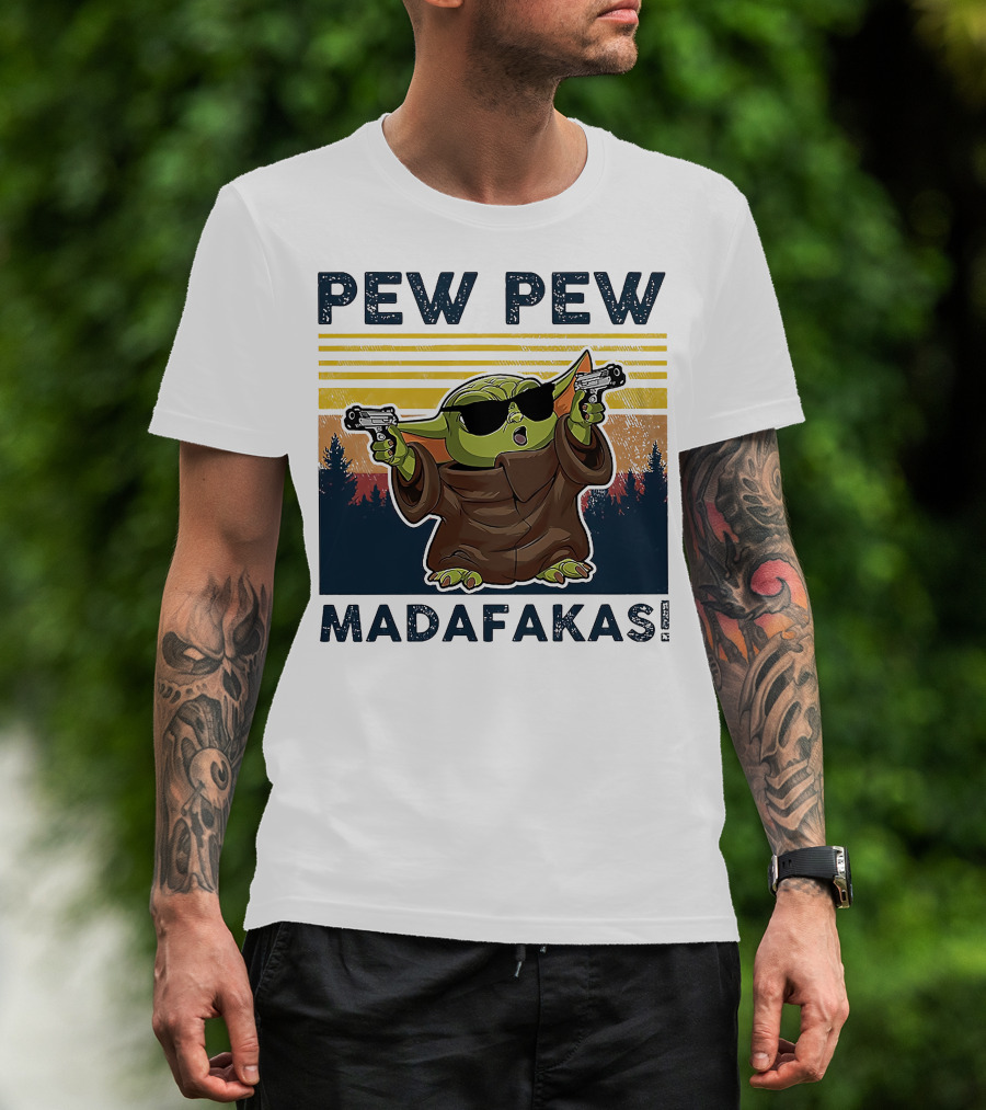 Pew Pew Madafakas Baby Yoda Retro Forest Sunset T-Shirt