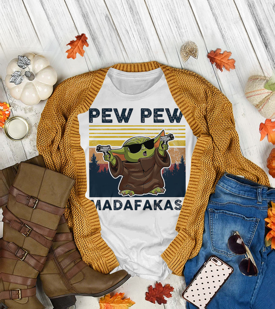 Pew Pew Madafakas Baby Yoda Retro Forest Sunset T-Shirt