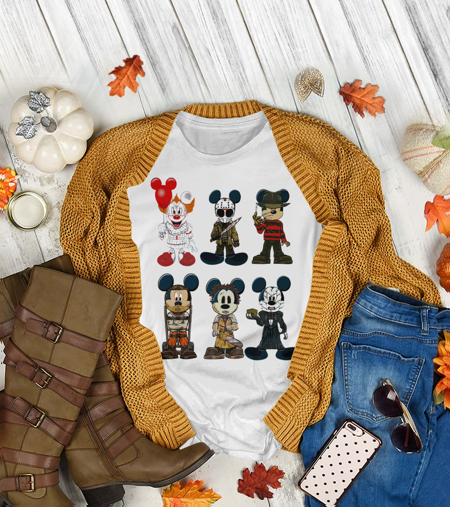 Halloween Horror Characters Mickey Mouse Pennywise Jason Freddy Chucky Leatherface Pinhead T-Shirt