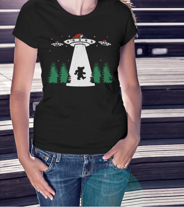 Grateful Dead Bear Abducted By UFO With Lightning Bolt And Red Hat T-Shirt