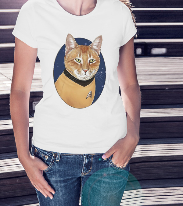 Star Trek Cat In Captain Uniform With Emblem On Starry Background T-Shirt