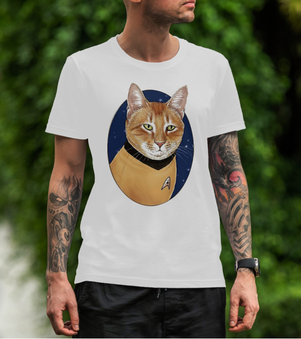 Star Trek Cat In Captain Uniform With Emblem On Starry Background T-Shirt