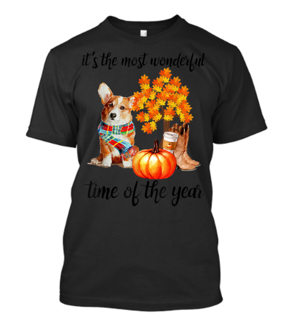 It's The Most Wonderful Time Of The Year Corgi Pumpkin Boots Scarf Coffee Fall Leaves T-Shirt