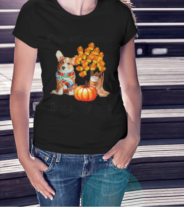 It's The Most Wonderful Time Of The Year Corgi Pumpkin Boots Scarf Coffee Fall Leaves T-Shirt