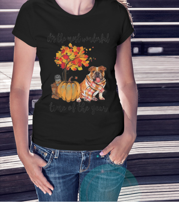 It's The Most Wonderful Time Of The Year Bulldog Autumn Pumpkin Tree T-Shirt