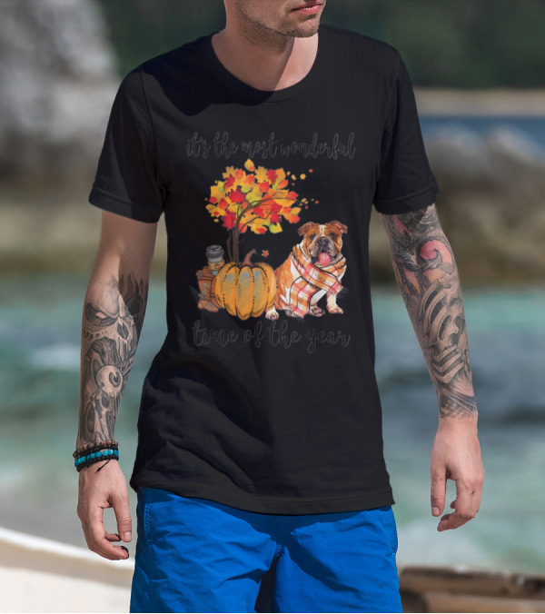 It's The Most Wonderful Time Of The Year Bulldog Autumn Pumpkin Tree T-Shirt