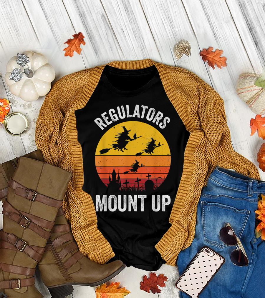 Regulators Mount Up Witch Halloween Sunset Broomstick Graveyard T-Shirt