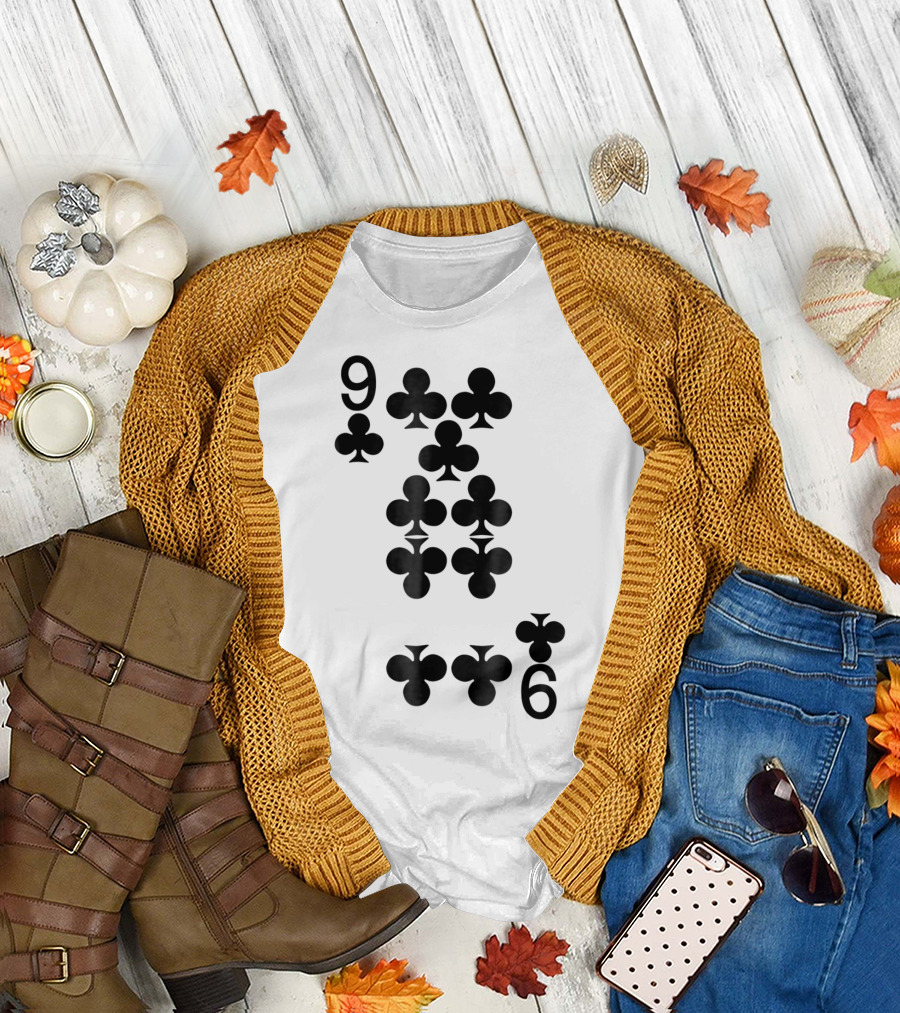 9 of Clubs Playing Card Style Black T-Shirt