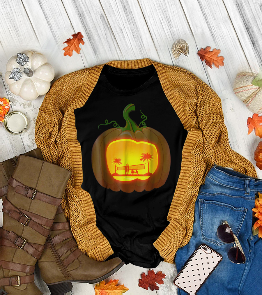 Pumpkin Carving Beach Volleyball Scene with Palm Trees T-Shirt