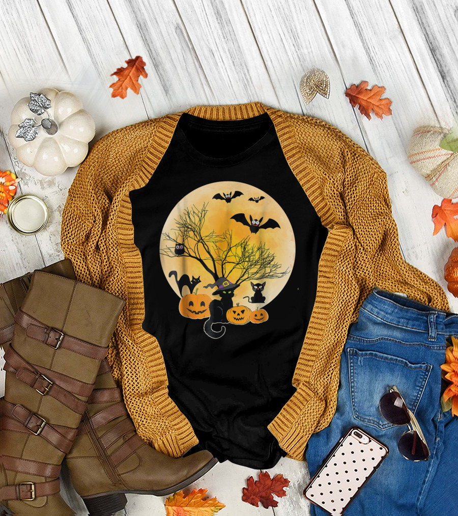 Black Cat Witch Hat Owl Bat Pumpkin Smile Moon Tree T-Shirt