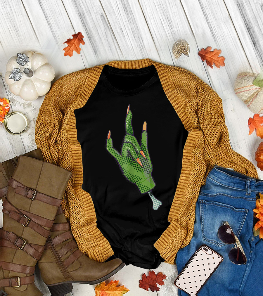 Celebrate 365 Halloween Witch Out Green Witch Hand with Long Orange Nails T-Shirt
