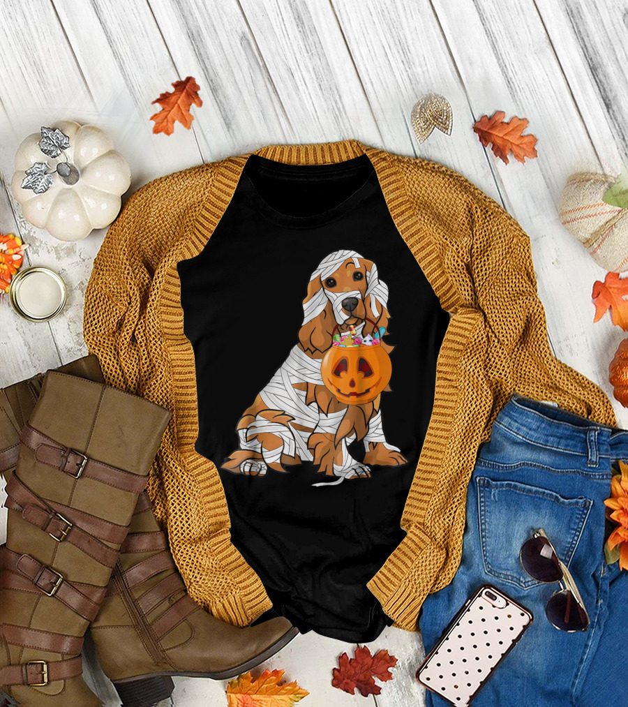 Cocker Spaniel Wrapped as Mummy with Halloween Pumpkin Basket T-Shirt