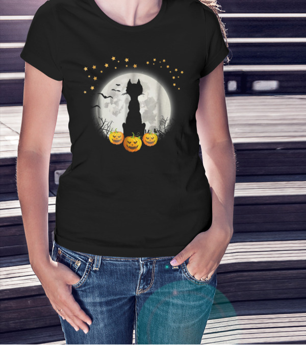 Halloween Night Cat Silhouette With Pumpkins And Moon T-Shirt