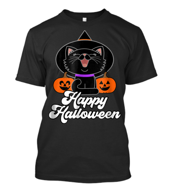 Happy Halloween Black Cat Witch Hat Pumpkins T-Shirt