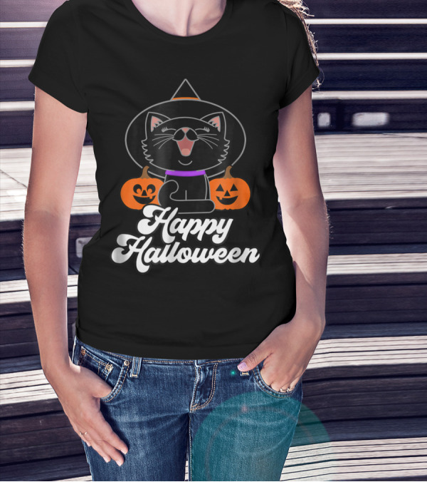 Happy Halloween Black Cat Witch Hat Pumpkins T-Shirt
