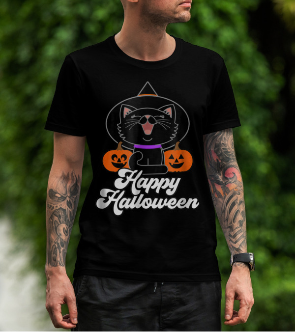 Happy Halloween Black Cat Witch Hat Pumpkins T-Shirt