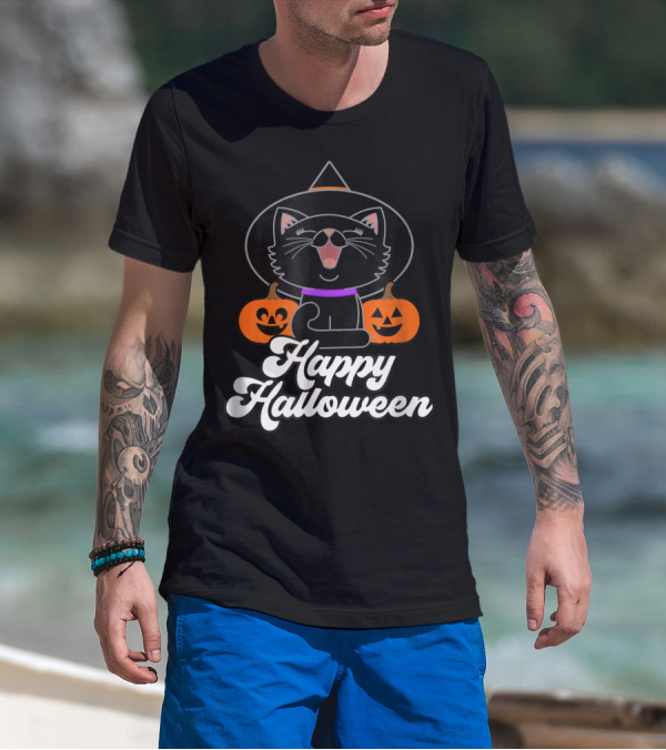 Happy Halloween Black Cat Witch Hat Pumpkins T-Shirt