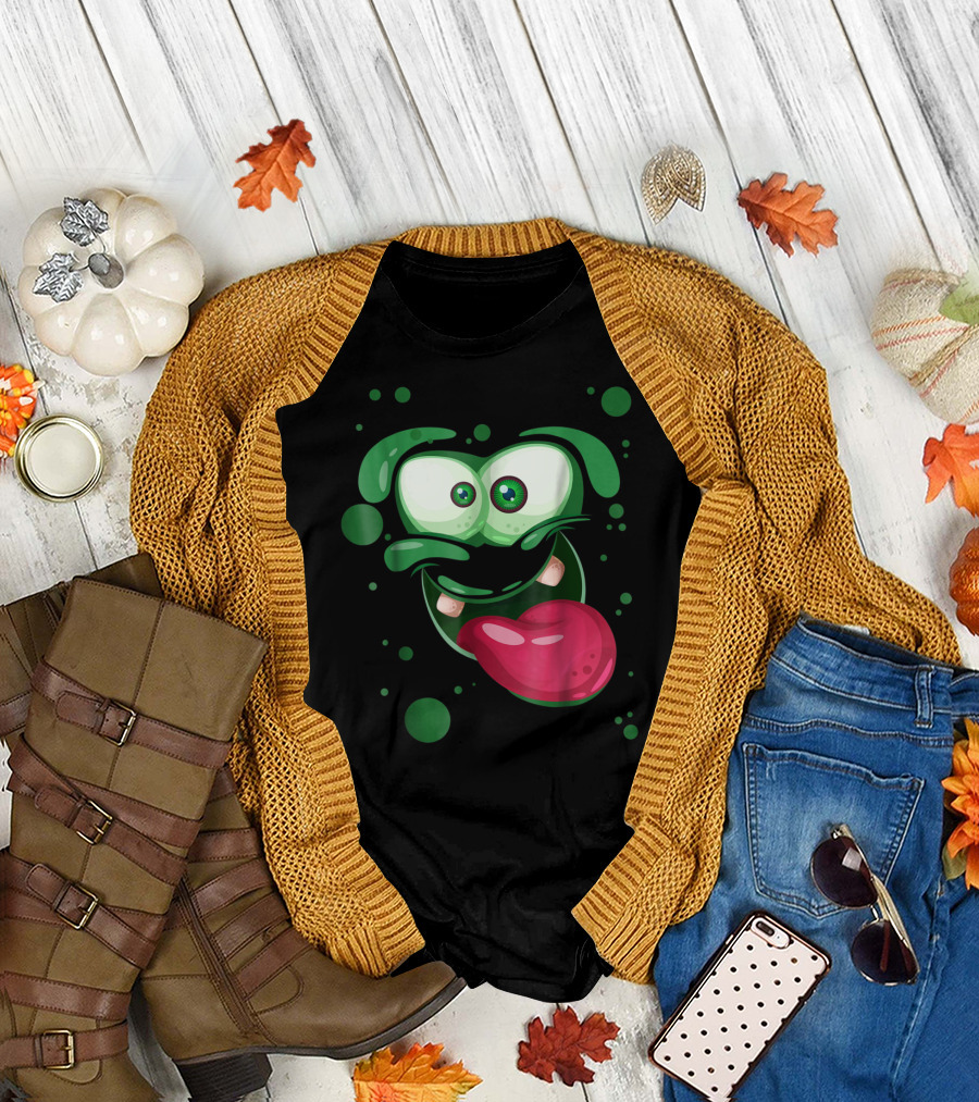 Green Cute Monster Face with Cartoon Eyes and Tongue Out T-Shirt