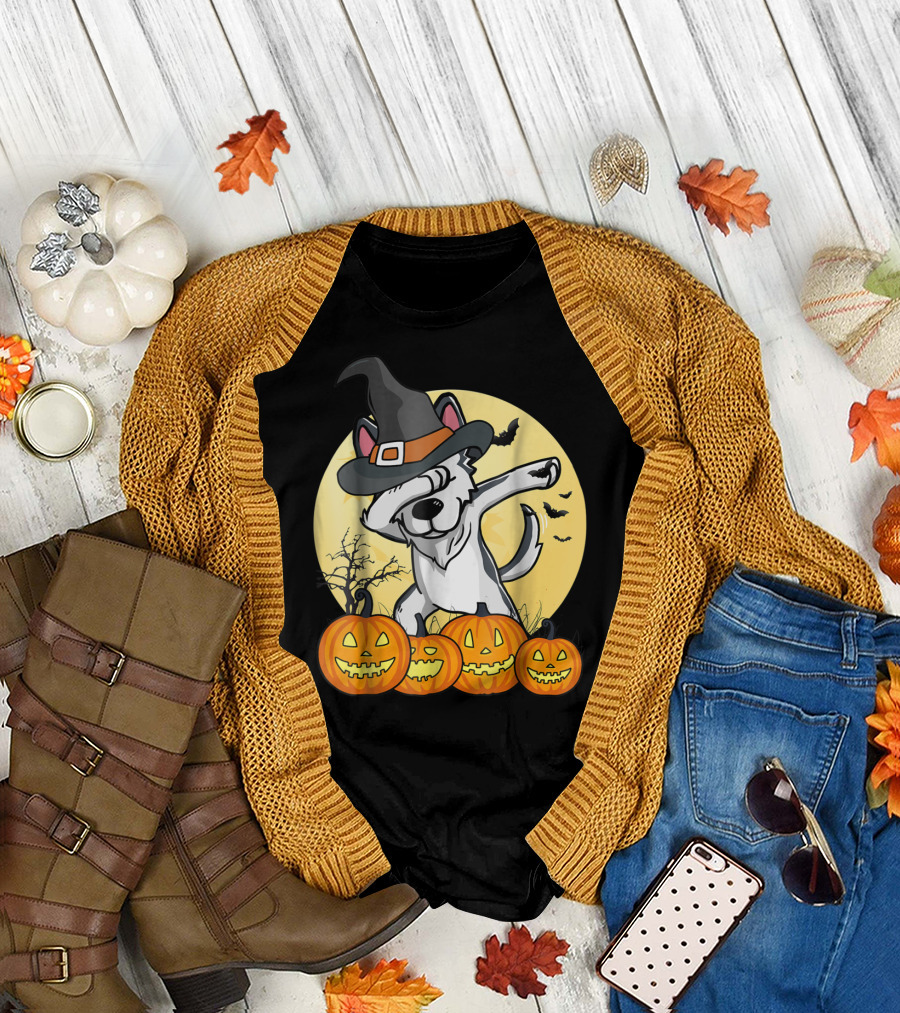 Halloween Dabbing Husky Witch Hat Pumpkins Moon Bats Dance Dog T-Shirt