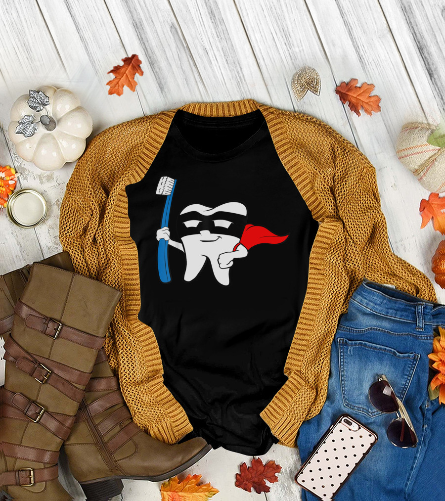 Super Hero Tooth Dental Babe Assistant Toothbrush Cape Mask T-Shirt