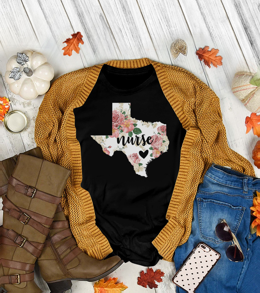 Floral Texas Nurse Pride with Heart Symbol and Home State T-Shirt