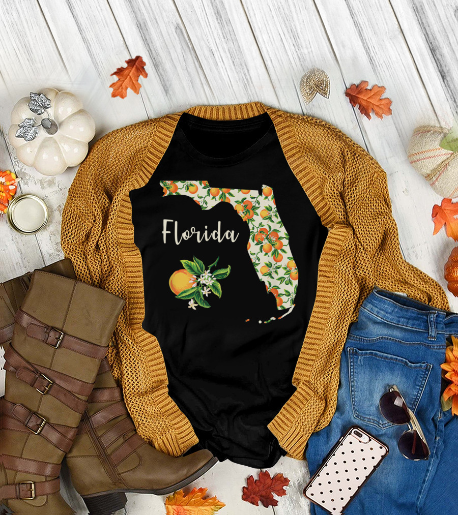 Florida Map with Orange Blossom and Handwritten Text T-Shirt