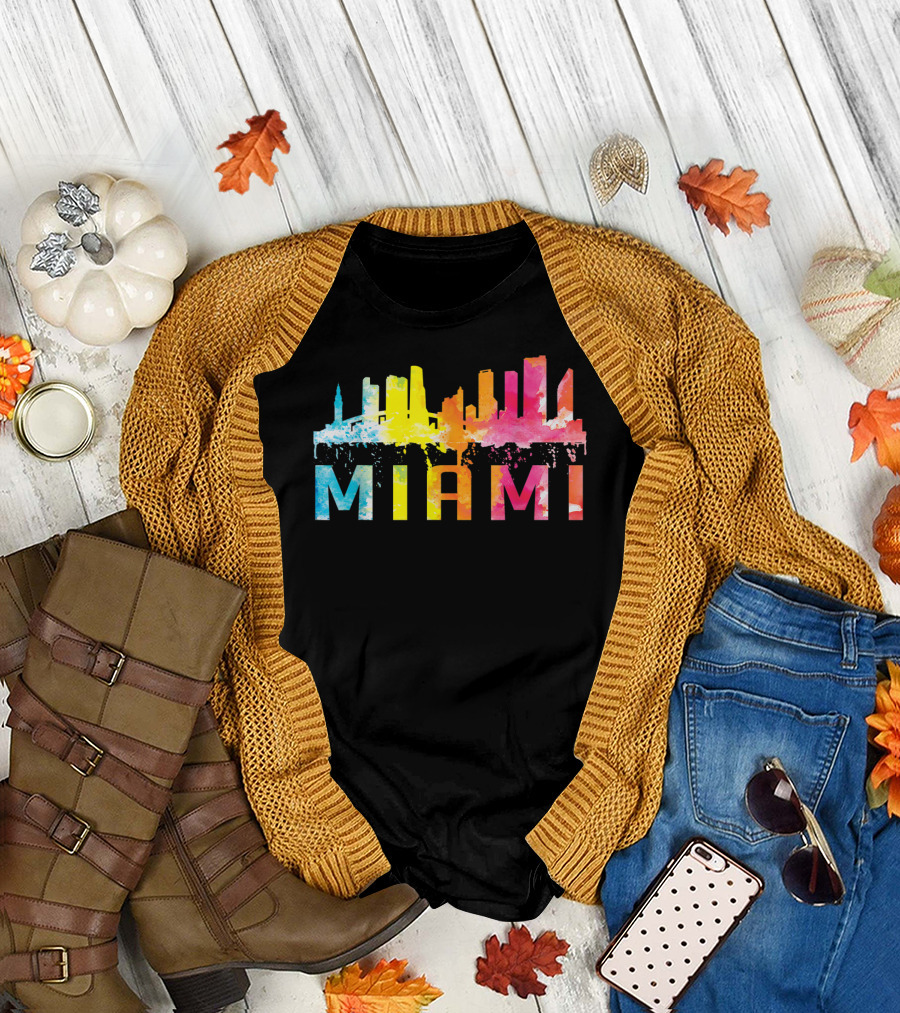 Miami Florida Colorful Watercolor Skyline Art Home State T-Shirt
