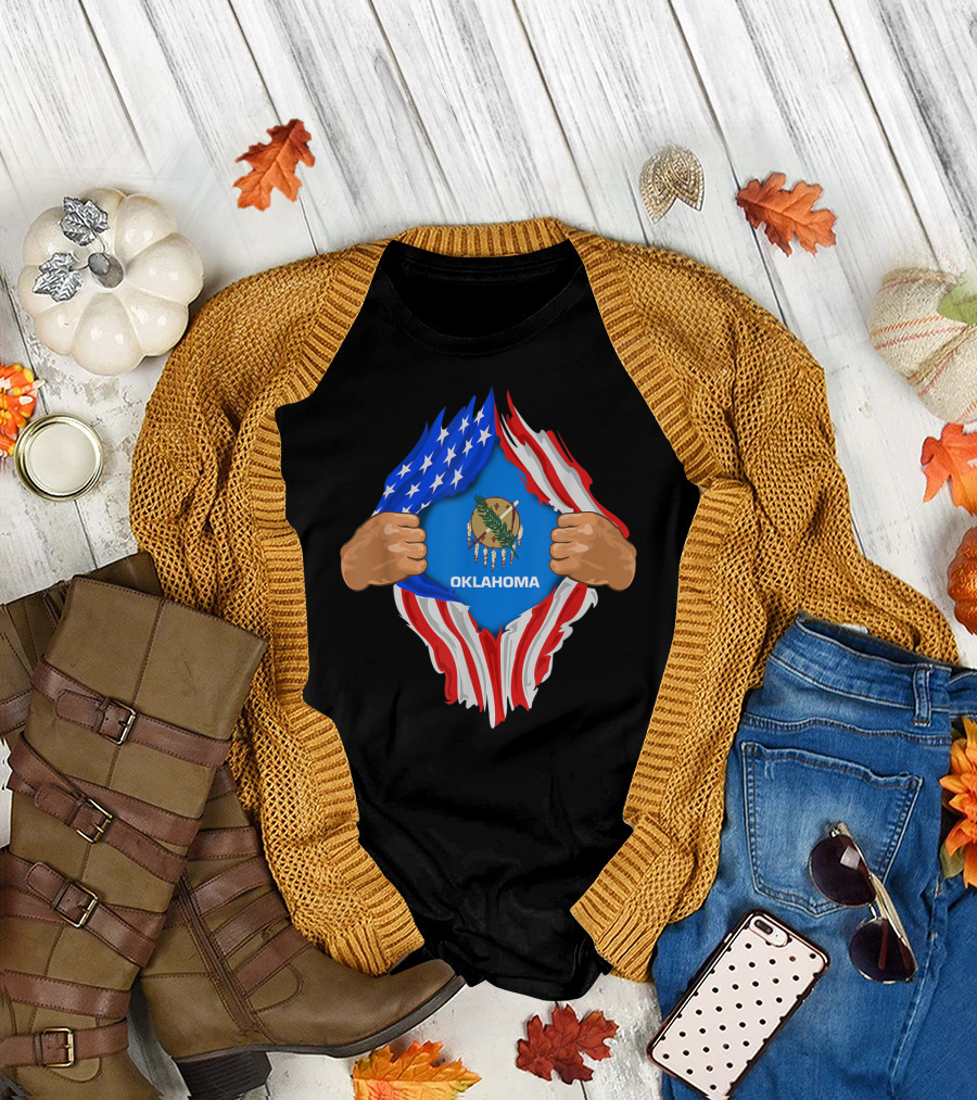 Oklahoma State Flag Inside American Flag Roots Display T-Shirt
