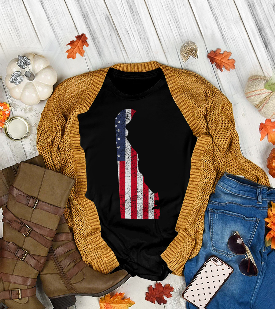 State of Delaware with American Flag T-Shirt