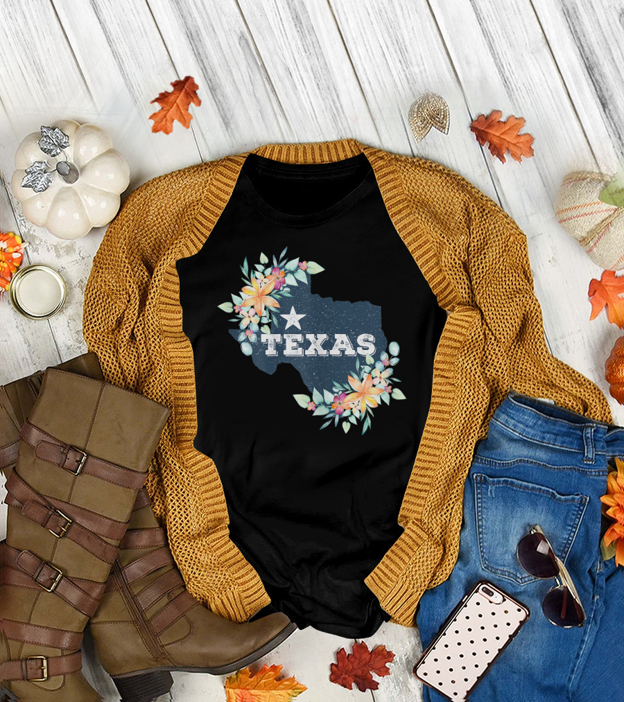Texas Lone Star State Map with Floral Accents T-Shirt