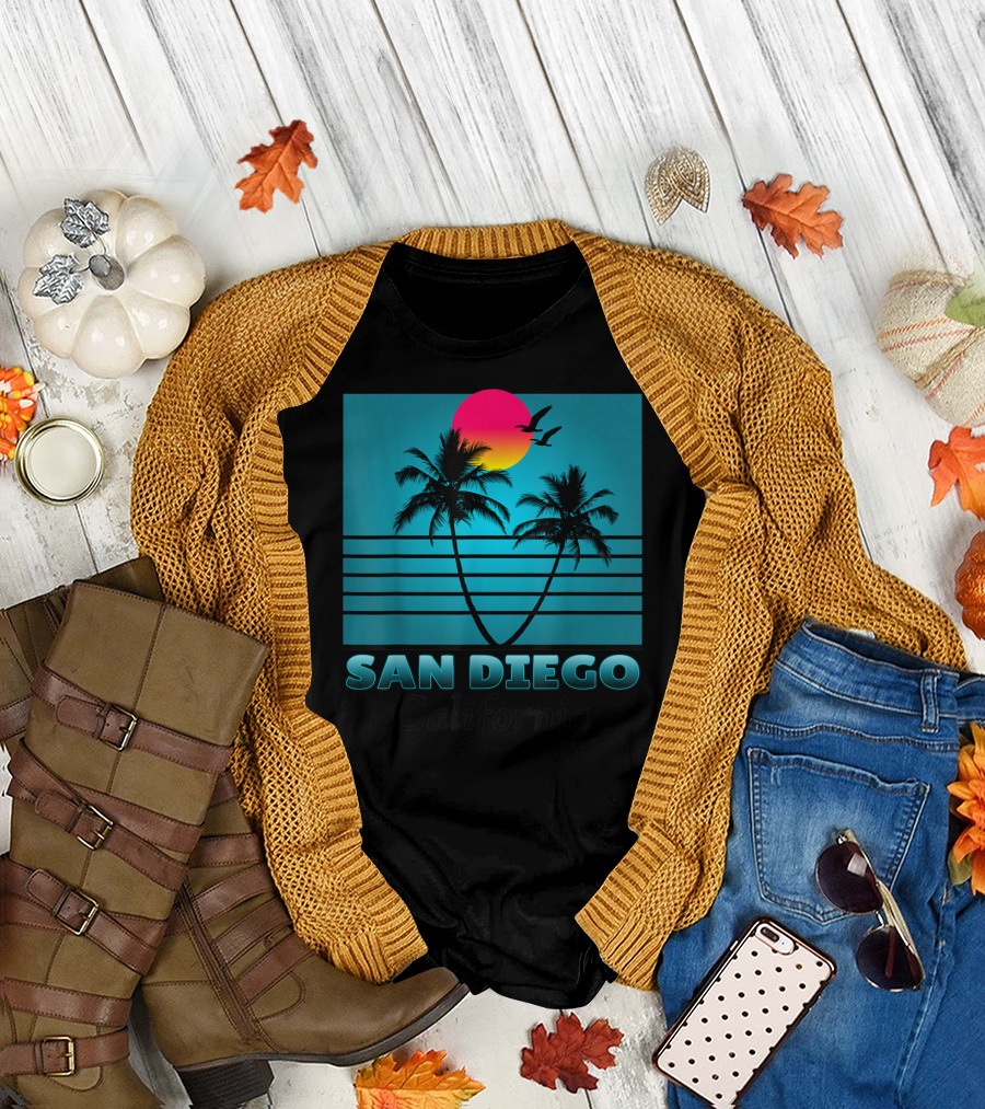 San Diego California Summer Palms and Seagulls Sunset T-Shirt
