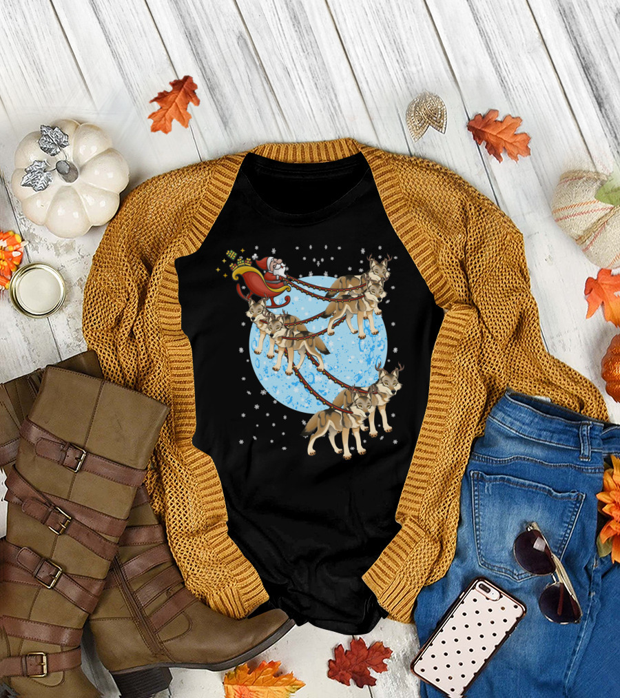 Santa Riding Wolf Pack Sleigh Under Full Moon T-Shirt