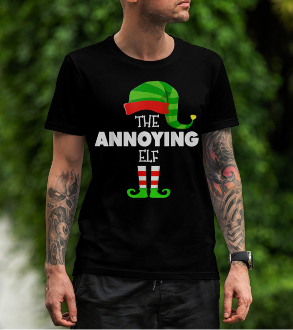 The Annoying Elf Striped Holiday Hat And Shoes T-Shirt