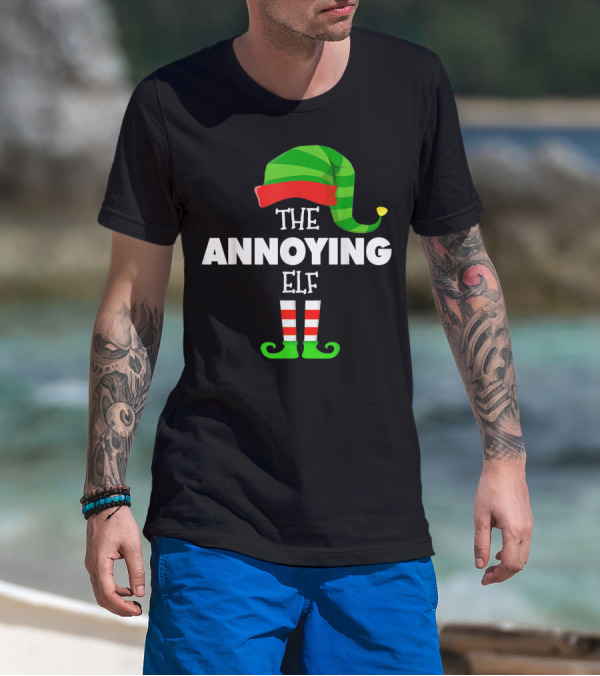 The Annoying Elf Striped Holiday Hat And Shoes T-Shirt