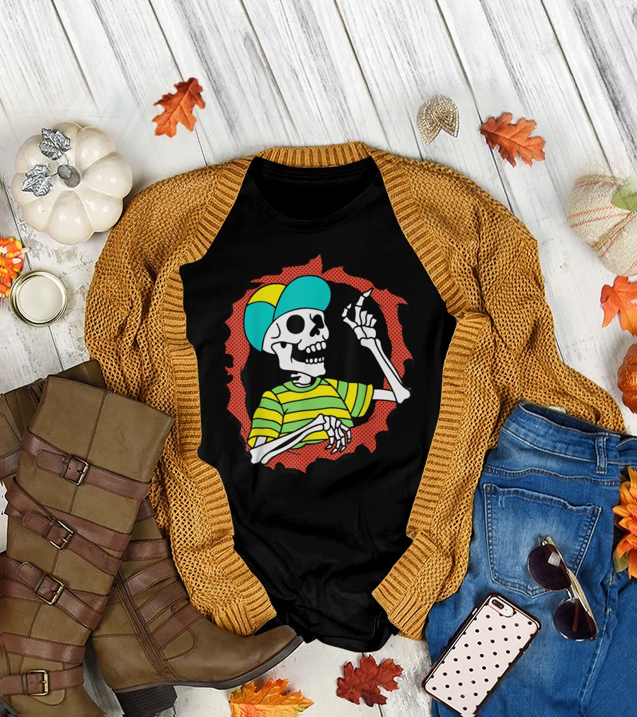 The Fresh Prince Skeleton Halloween Costume in Green and Yellow Stripe Shirt with Broken Wall Effect T-Shirt