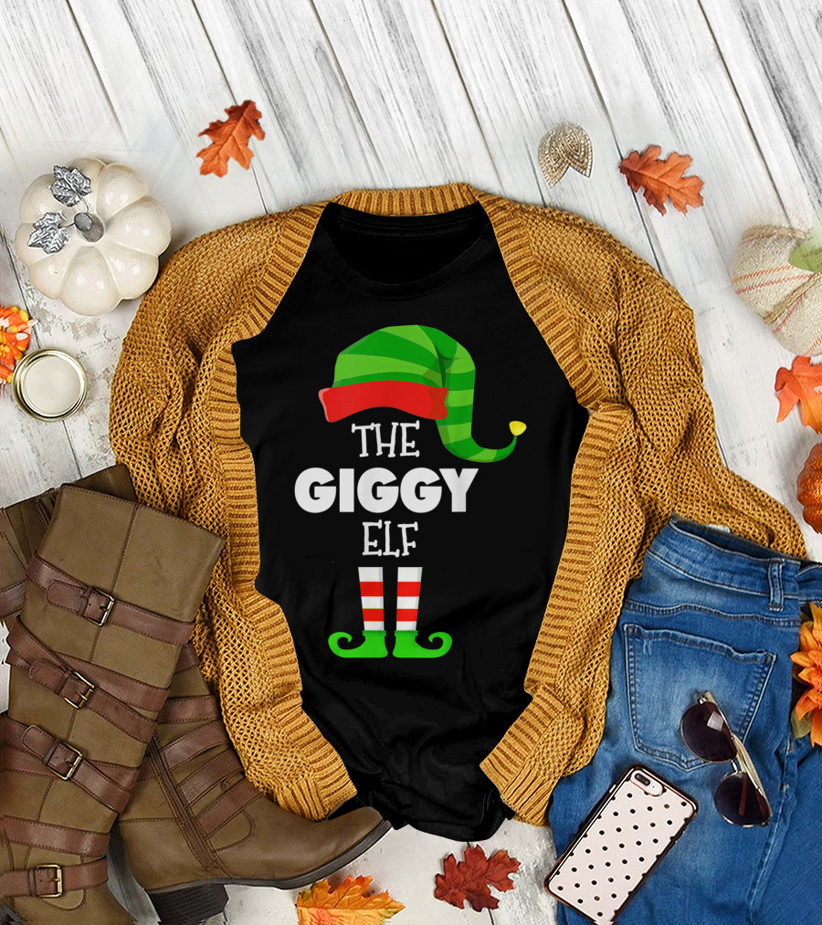 The Giggy Elf Group Festive Hat and Striped Socks Fashion T-Shirt