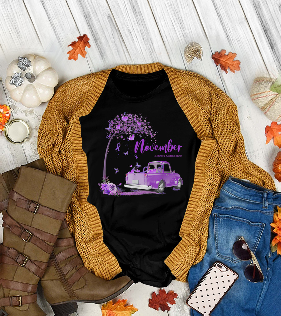 November Alzheimer's Awareness Month Purple Ribbon Truck T-Shirt